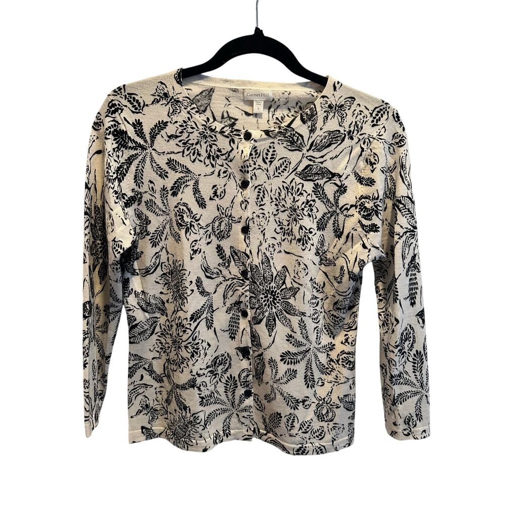 Garnet Hill 100% Merino Wool Printed Cream & Black Floral Cardigan Size S